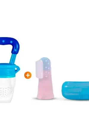Set de 3 Chupones Anti-ahogo Azul + Cepillo Dedal para Dientes y Encías Azul Nuova Collezione