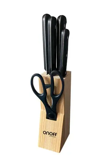 Prezzo Scontato Set x 4 Cuchillos + Tijeras en Base Madera / OnOff